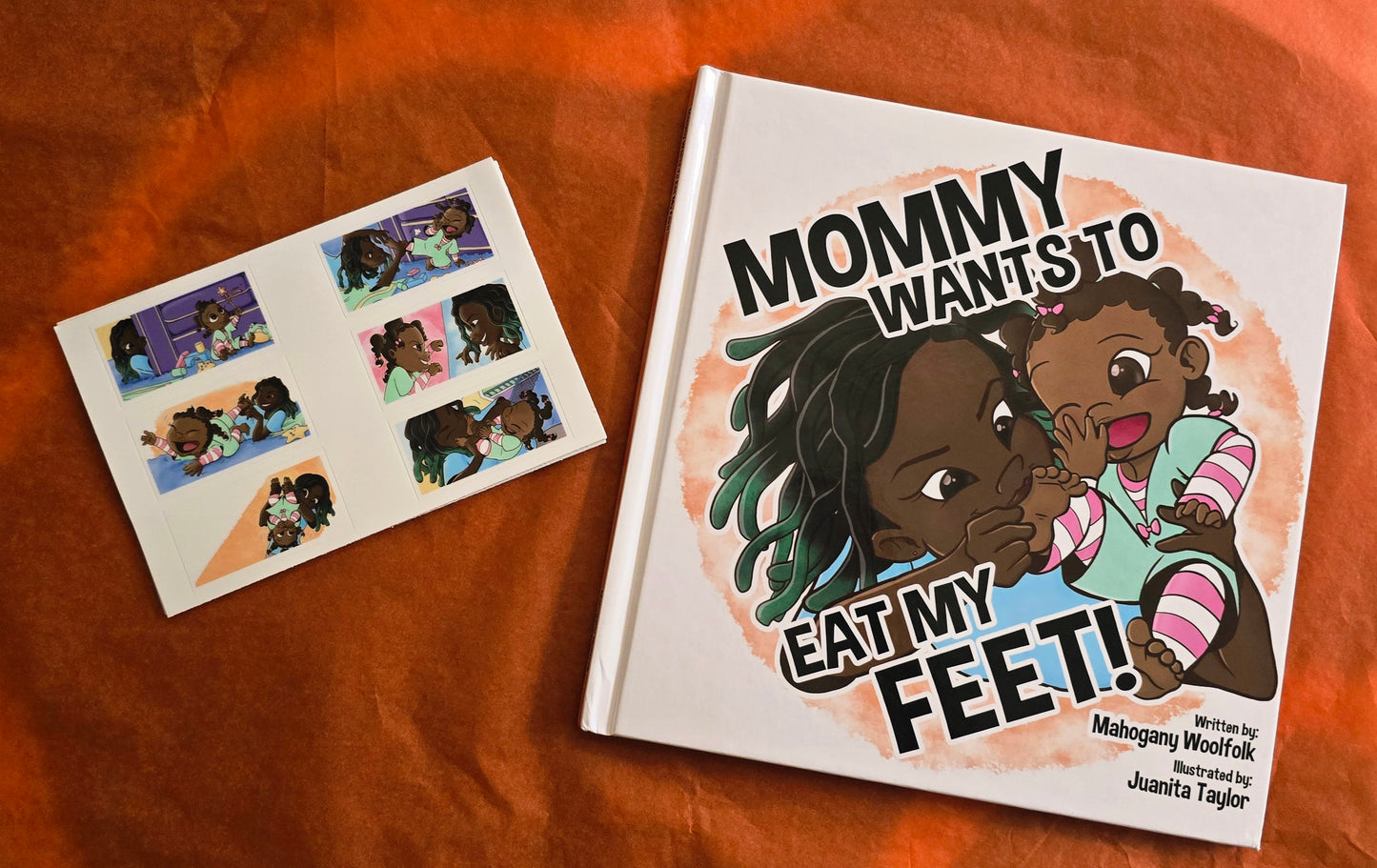 Mommy Wants to Eat My Feet book and sticker sheet bundle — joyful children’s story and matching stickers by Mahogany Woolfolk, perfect for kids who love reading and play.