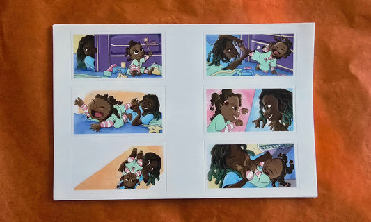 Mommy Wants to Eat My Feet sticker sheet — fun, colorful stickers featuring characters from the children’s book by Mahogany Woolfolk.